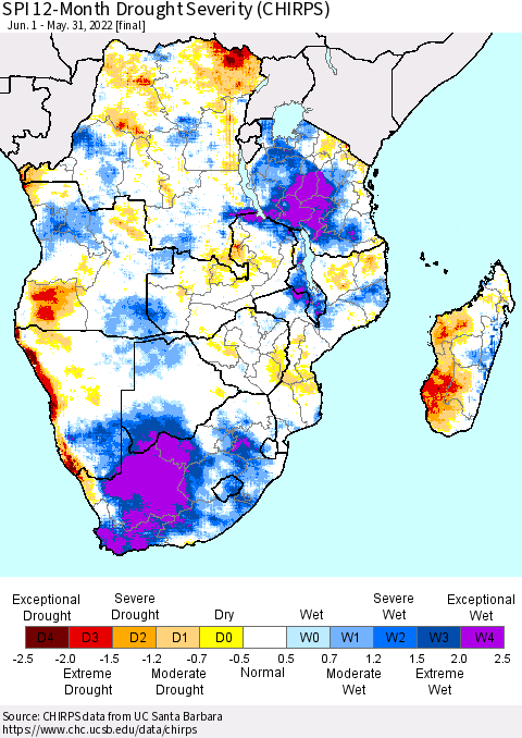 Southern Africa SPI 12-Month Drought Severity (CHIRPS) Thematic Map For 6/1/2021 - 5/31/2022