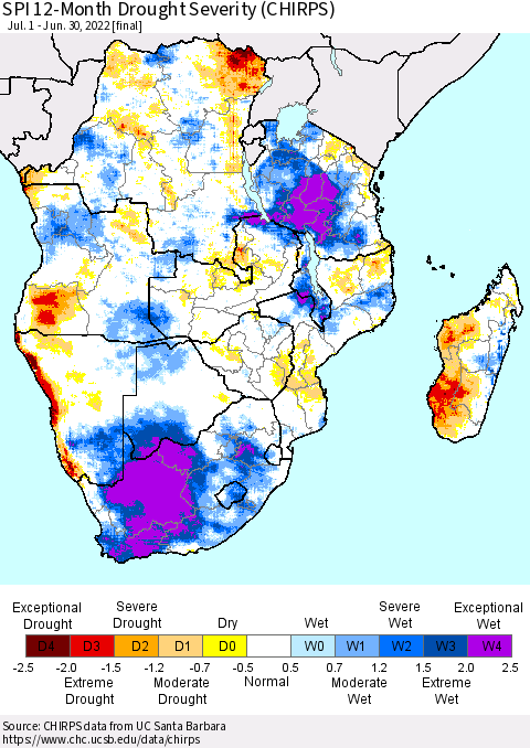 Southern Africa SPI 12-Month Drought Severity (CHIRPS) Thematic Map For 7/1/2021 - 6/30/2022