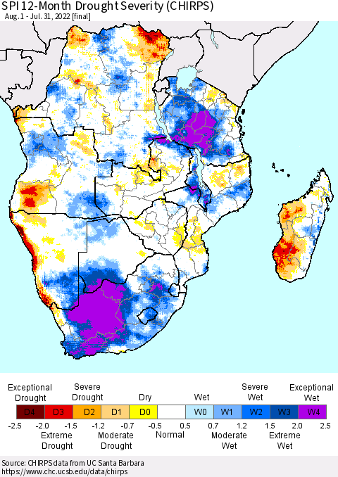 Southern Africa SPI 12-Month Drought Severity (CHIRPS) Thematic Map For 8/1/2021 - 7/31/2022
