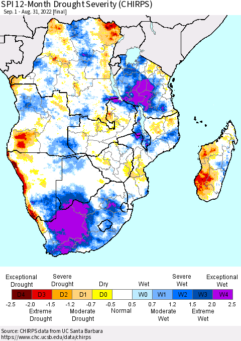 Southern Africa SPI 12-Month Drought Severity (CHIRPS) Thematic Map For 9/1/2021 - 8/31/2022