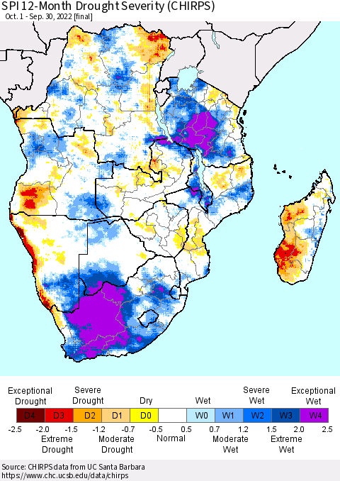 Southern Africa SPI 12-Month Drought Severity (CHIRPS) Thematic Map For 10/1/2021 - 9/30/2022