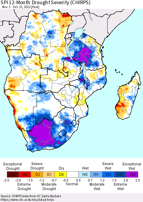 Southern Africa SPI 12-Month Drought Severity (CHIRPS) Thematic Map For 11/1/2021 - 10/31/2022