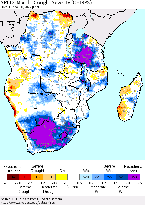 Southern Africa SPI 12-Month Drought Severity (CHIRPS) Thematic Map For 12/1/2021 - 11/30/2022