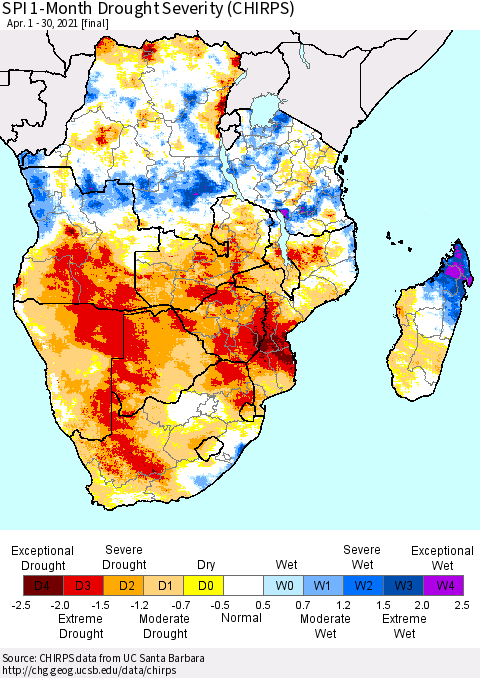 Southern Africa SPI 1-Month Drought Severity (CHIRPS) Thematic Map For 4/1/2021 - 4/30/2021