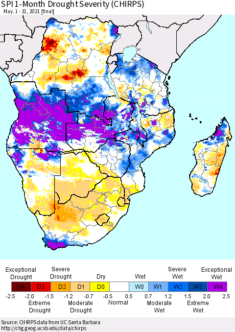 Southern Africa SPI 1-Month Drought Severity (CHIRPS) Thematic Map For 5/1/2021 - 5/31/2021