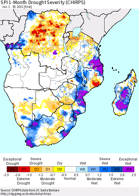 Southern Africa SPI 1-Month Drought Severity (CHIRPS) Thematic Map For 6/1/2021 - 6/30/2021