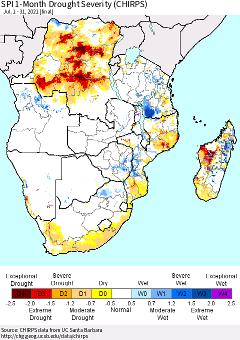 Southern Africa SPI 1-Month Drought Severity (CHIRPS) Thematic Map For 7/1/2021 - 7/31/2021