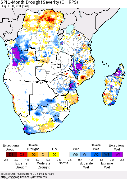Southern Africa SPI 1-Month Drought Severity (CHIRPS) Thematic Map For 8/1/2021 - 8/31/2021