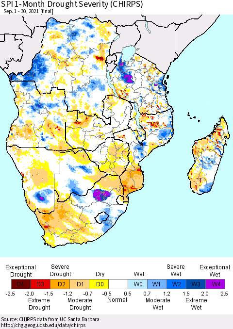 Southern Africa SPI 1-Month Drought Severity (CHIRPS) Thematic Map For 9/1/2021 - 9/30/2021