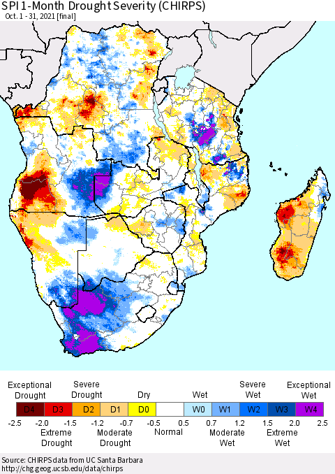 Southern Africa SPI 1-Month Drought Severity (CHIRPS) Thematic Map For 10/1/2021 - 10/31/2021