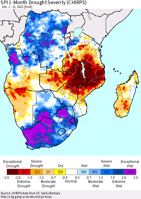 Southern Africa SPI 1-Month Drought Severity (CHIRPS) Thematic Map For 12/1/2021 - 12/31/2021