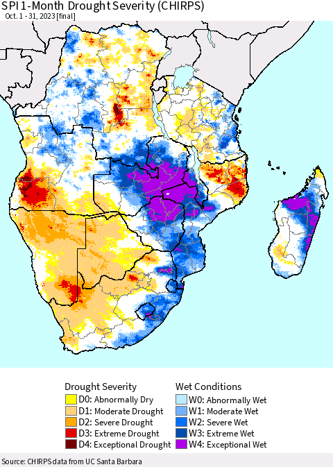 Southern Africa SPI 1-Month Drought Severity (CHIRPS) Thematic Map For 10/1/2023 - 10/31/2023
