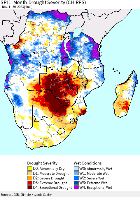 Southern Africa SPI 1-Month Drought Severity (CHIRPS) Thematic Map For 11/1/2023 - 11/30/2023
