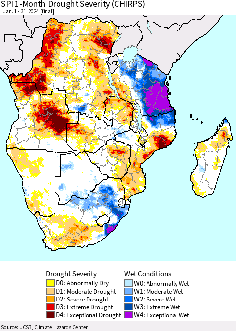 Southern Africa SPI 1-Month Drought Severity (CHIRPS) Thematic Map For 1/1/2024 - 1/31/2024