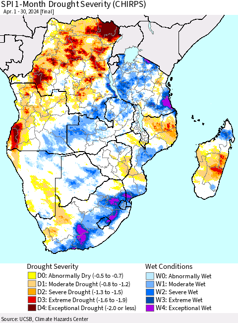 Southern Africa SPI 1-Month Drought Severity (CHIRPS) Thematic Map For 4/1/2024 - 4/30/2024