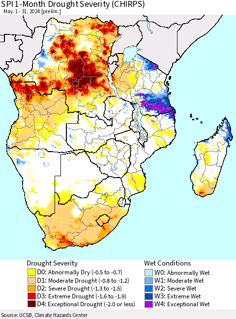 Southern Africa SPI 1-Month Drought Severity (CHIRPS) Thematic Map For 5/1/2024 - 5/31/2024