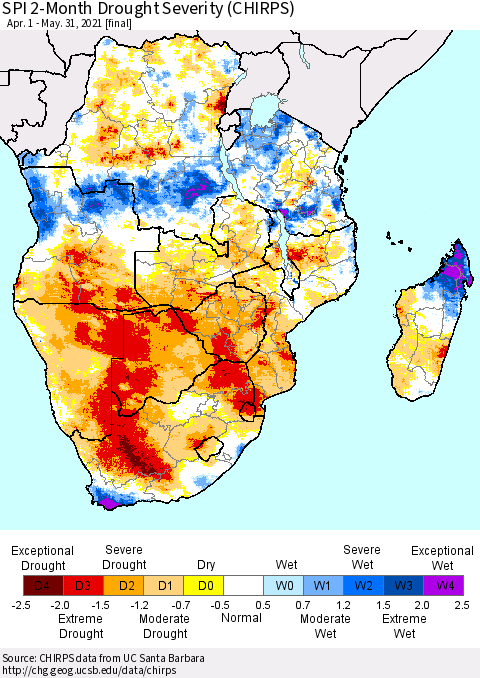 Southern Africa SPI 2-Month Drought Severity (CHIRPS) Thematic Map For 4/1/2021 - 5/31/2021