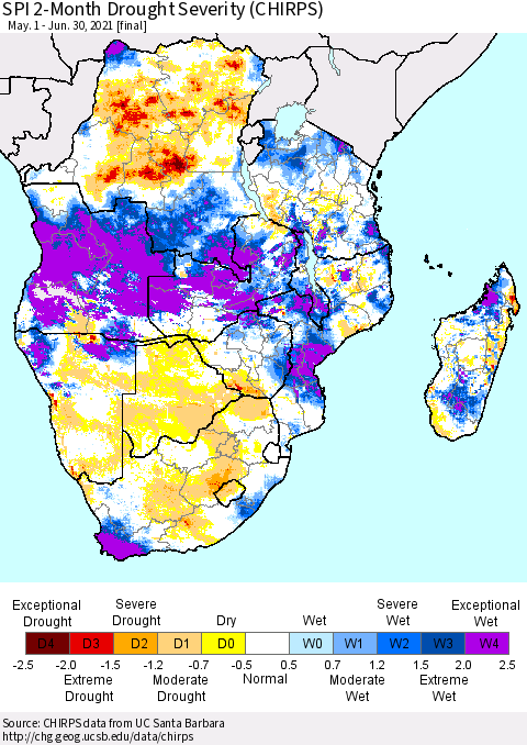 Southern Africa SPI 2-Month Drought Severity (CHIRPS) Thematic Map For 5/1/2021 - 6/30/2021