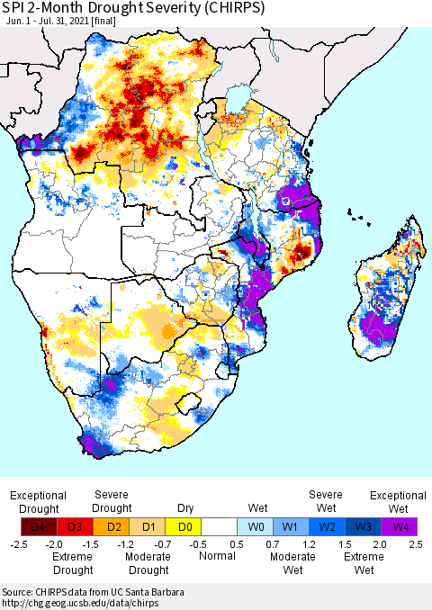 Southern Africa SPI 2-Month Drought Severity (CHIRPS) Thematic Map For 6/1/2021 - 7/31/2021