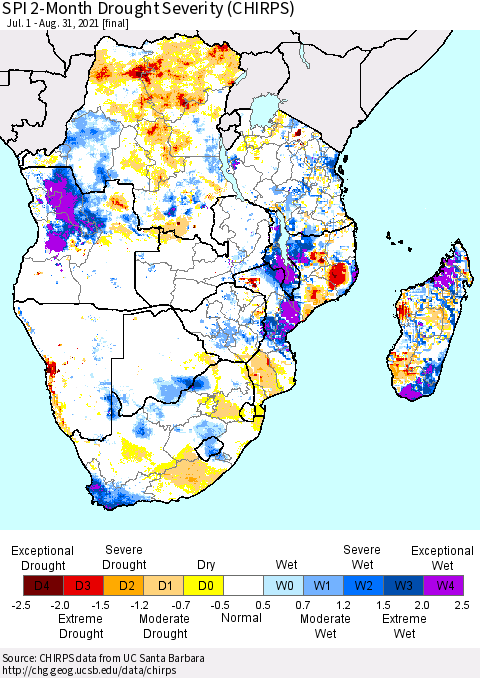 Southern Africa SPI 2-Month Drought Severity (CHIRPS) Thematic Map For 7/1/2021 - 8/31/2021