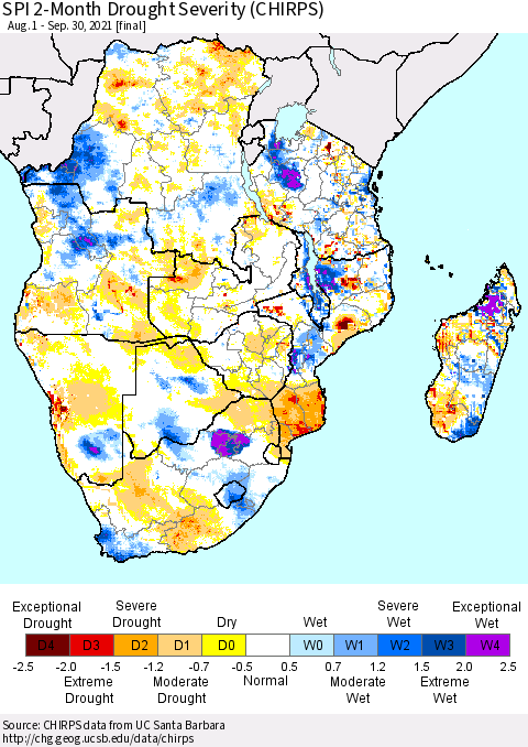 Southern Africa SPI 2-Month Drought Severity (CHIRPS) Thematic Map For 8/1/2021 - 9/30/2021