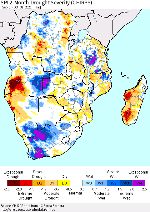 Southern Africa SPI 2-Month Drought Severity (CHIRPS) Thematic Map For 9/1/2021 - 10/31/2021