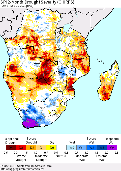 Southern Africa SPI 2-Month Drought Severity (CHIRPS) Thematic Map For 10/1/2021 - 11/30/2021