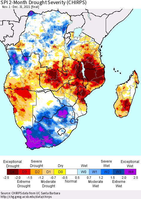 Southern Africa SPI 2-Month Drought Severity (CHIRPS) Thematic Map For 11/1/2021 - 12/31/2021