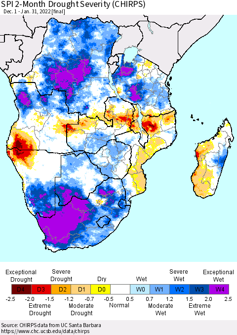 Southern Africa SPI 2-Month Drought Severity (CHIRPS) Thematic Map For 12/1/2021 - 1/31/2022