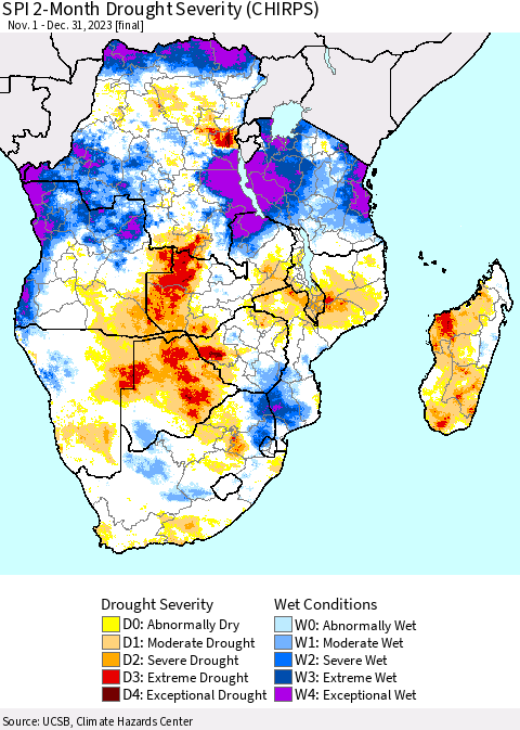 Southern Africa SPI 2-Month Drought Severity (CHIRPS) Thematic Map For 11/1/2023 - 12/31/2023