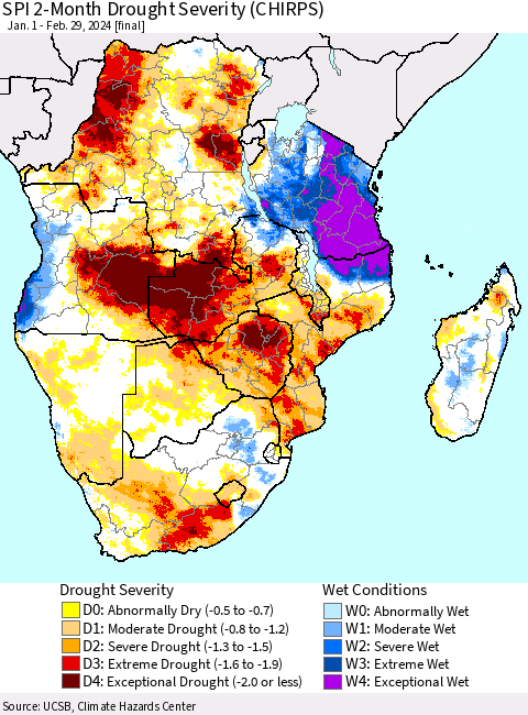 Southern Africa SPI 2-Month Drought Severity (CHIRPS) Thematic Map For 1/1/2024 - 2/29/2024