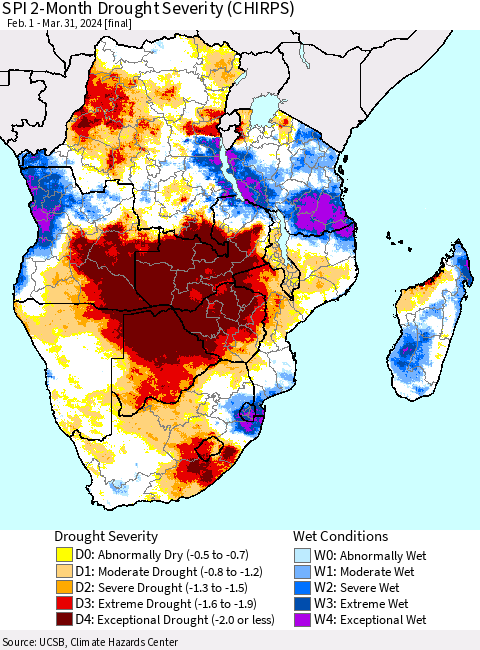 Southern Africa SPI 2-Month Drought Severity (CHIRPS) Thematic Map For 2/1/2024 - 3/31/2024