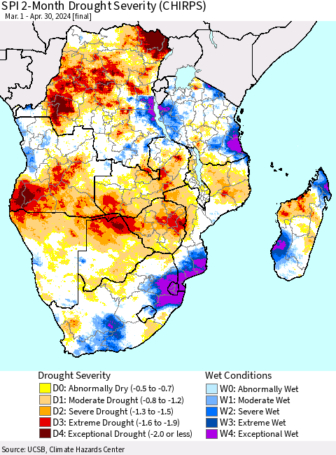 Southern Africa SPI 2-Month Drought Severity (CHIRPS) Thematic Map For 3/1/2024 - 4/30/2024
