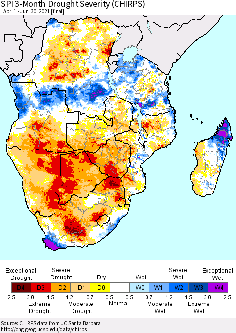 Southern Africa SPI 3-Month Drought Severity (CHIRPS) Thematic Map For 4/1/2021 - 6/30/2021
