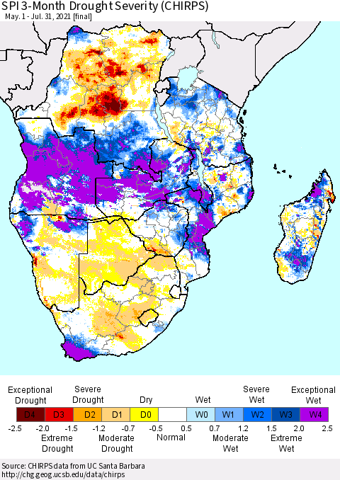 Southern Africa SPI 3-Month Drought Severity (CHIRPS) Thematic Map For 5/1/2021 - 7/31/2021