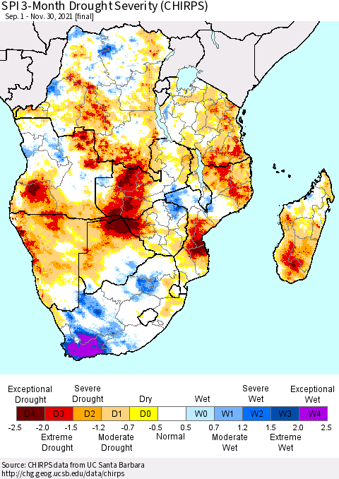Southern Africa SPI 3-Month Drought Severity (CHIRPS) Thematic Map For 9/1/2021 - 11/30/2021