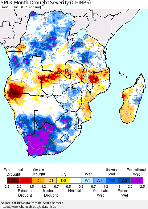 Southern Africa SPI 3-Month Drought Severity (CHIRPS) Thematic Map For 11/1/2021 - 1/31/2022