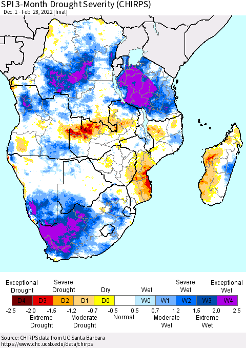 Southern Africa SPI 3-Month Drought Severity (CHIRPS) Thematic Map For 12/1/2021 - 2/28/2022