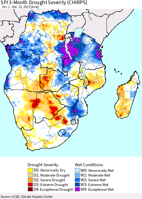 Southern Africa SPI 3-Month Drought Severity (CHIRPS) Thematic Map For 10/1/2023 - 12/31/2023