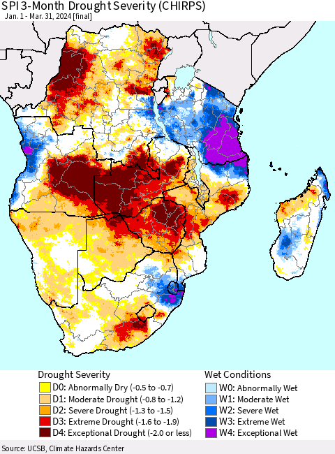 Southern Africa SPI 3-Month Drought Severity (CHIRPS) Thematic Map For 1/1/2024 - 3/31/2024