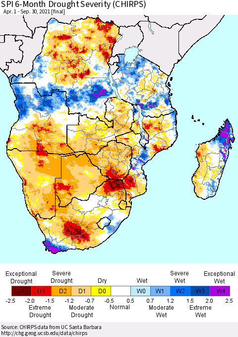 Southern Africa SPI 6-Month Drought Severity (CHIRPS) Thematic Map For 4/1/2021 - 9/30/2021