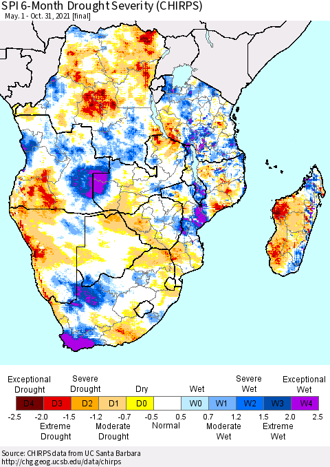 Southern Africa SPI 6-Month Drought Severity (CHIRPS) Thematic Map For 5/1/2021 - 10/31/2021