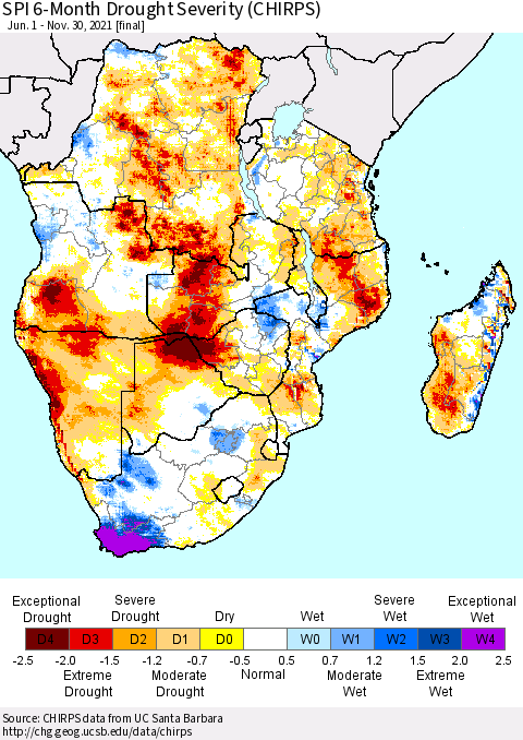 Southern Africa SPI 6-Month Drought Severity (CHIRPS) Thematic Map For 6/1/2021 - 11/30/2021