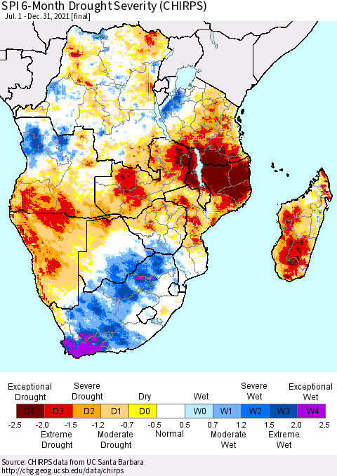 Southern Africa SPI 6-Month Drought Severity (CHIRPS) Thematic Map For 7/1/2021 - 12/31/2021
