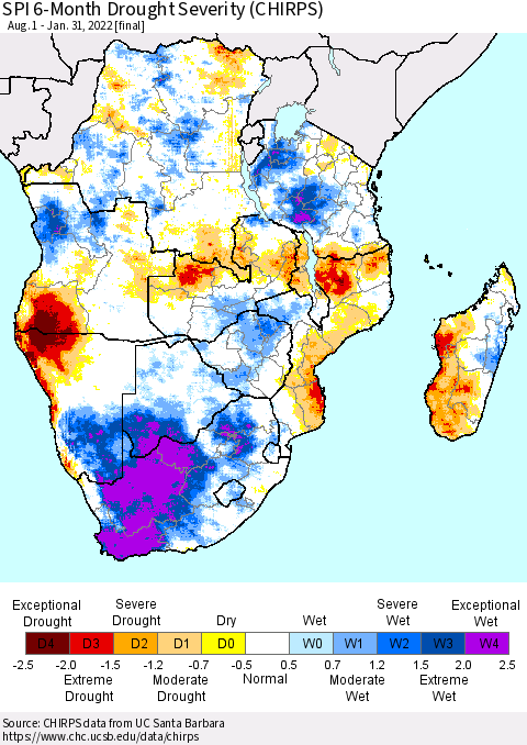 Southern Africa SPI 6-Month Drought Severity (CHIRPS) Thematic Map For 8/1/2021 - 1/31/2022