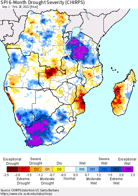 Southern Africa SPI 6-Month Drought Severity (CHIRPS) Thematic Map For 9/1/2021 - 2/28/2022