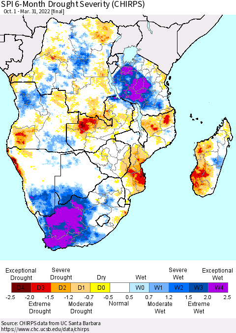 Southern Africa SPI 6-Month Drought Severity (CHIRPS) Thematic Map For 10/1/2021 - 3/31/2022