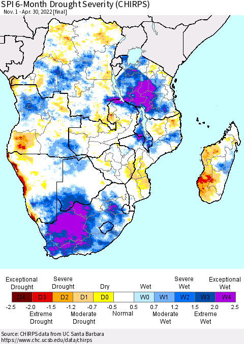 Southern Africa SPI 6-Month Drought Severity (CHIRPS) Thematic Map For 11/1/2021 - 4/30/2022