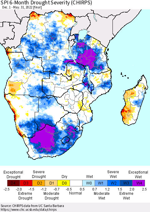 Southern Africa SPI 6-Month Drought Severity (CHIRPS) Thematic Map For 12/1/2021 - 5/31/2022
