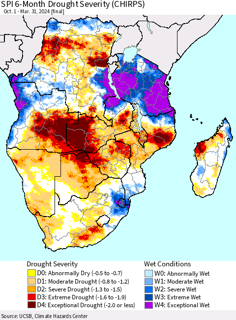 Southern Africa SPI 6-Month Drought Severity (CHIRPS) Thematic Map For 10/1/2023 - 3/31/2024